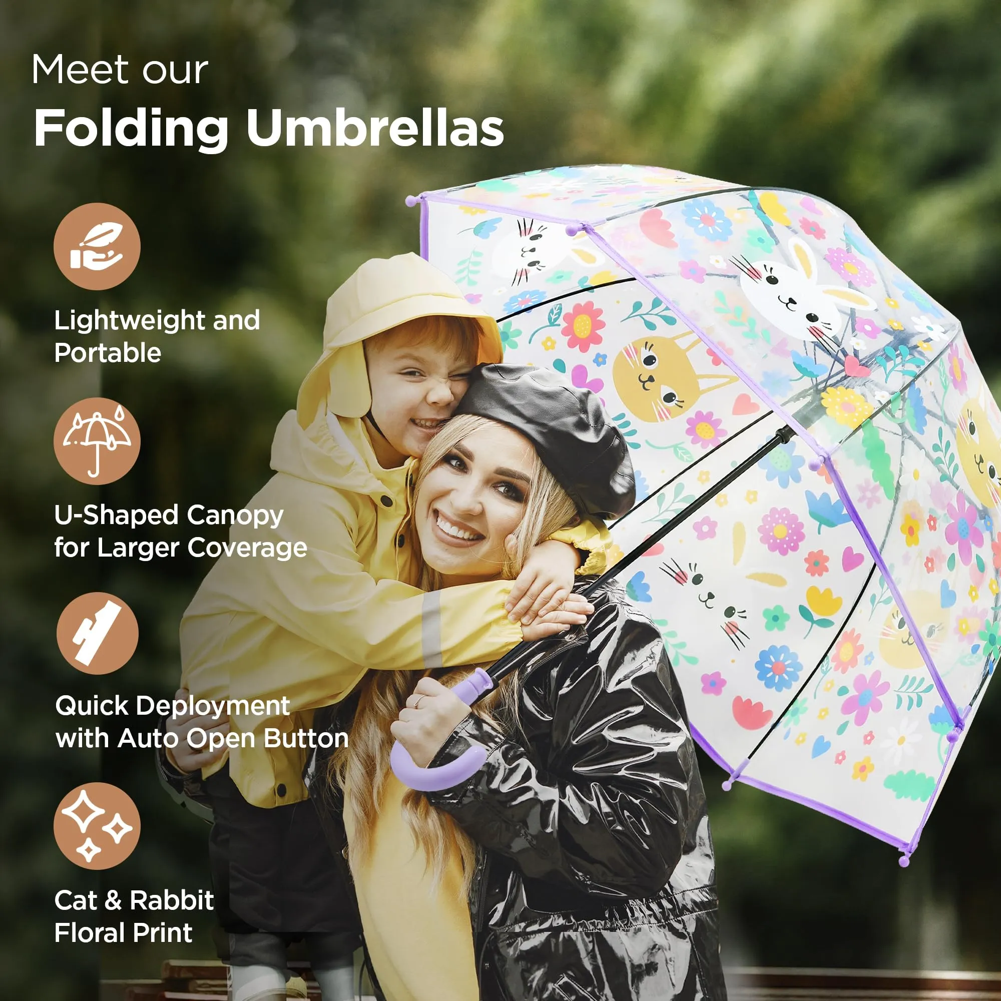 UMAI 64.5 cm Folding Umbrella Transparent | 8K Fiberglass Ribs | Auto Open & Non-slip Handle | Travel Friendly Windproof | Umbrella for Women, Men & Kids| Floral Print | White