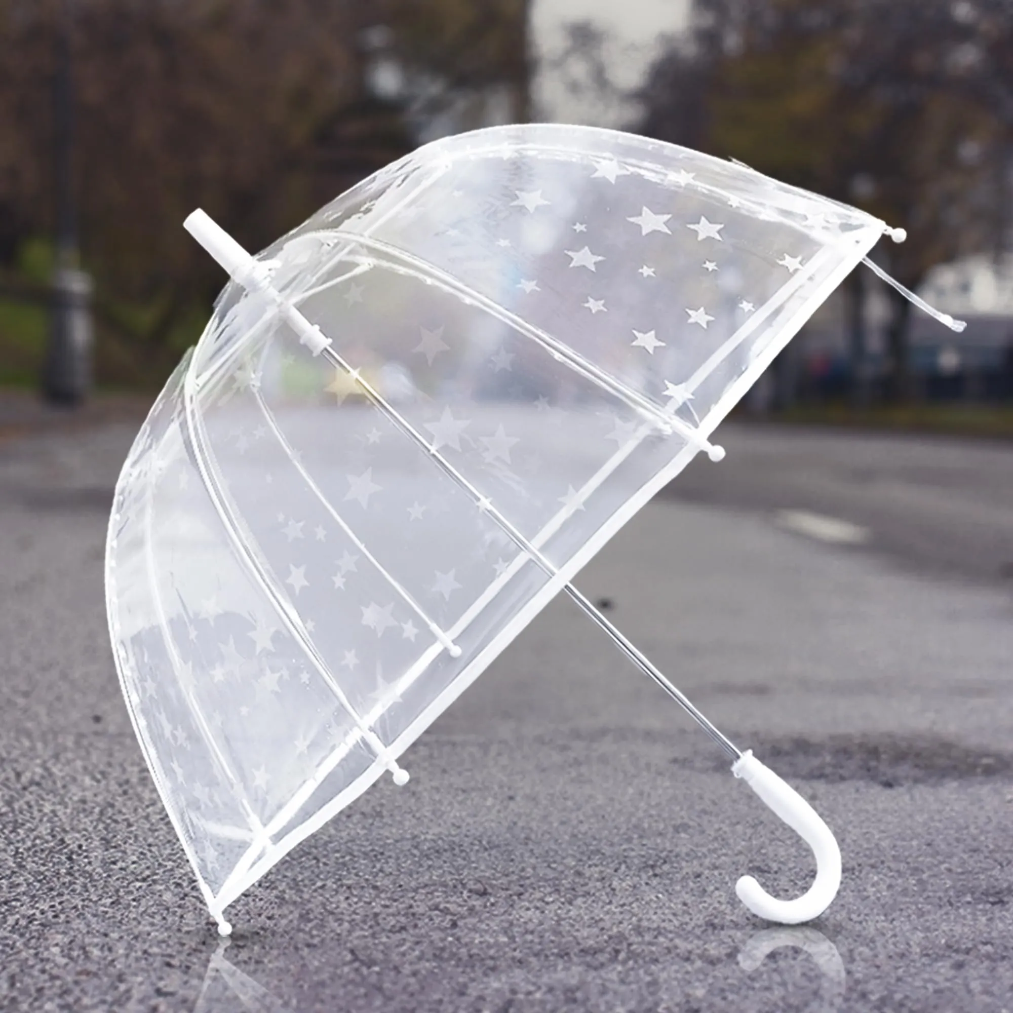 UMAI 67 cm Folding Umbrella Transparent | 8K Fiberglass Ribs | Auto Open & Non-slip Handle | Travel Friendly Windproof | Umbrella for Women, Men & Kids| Reflective Star Printing | White