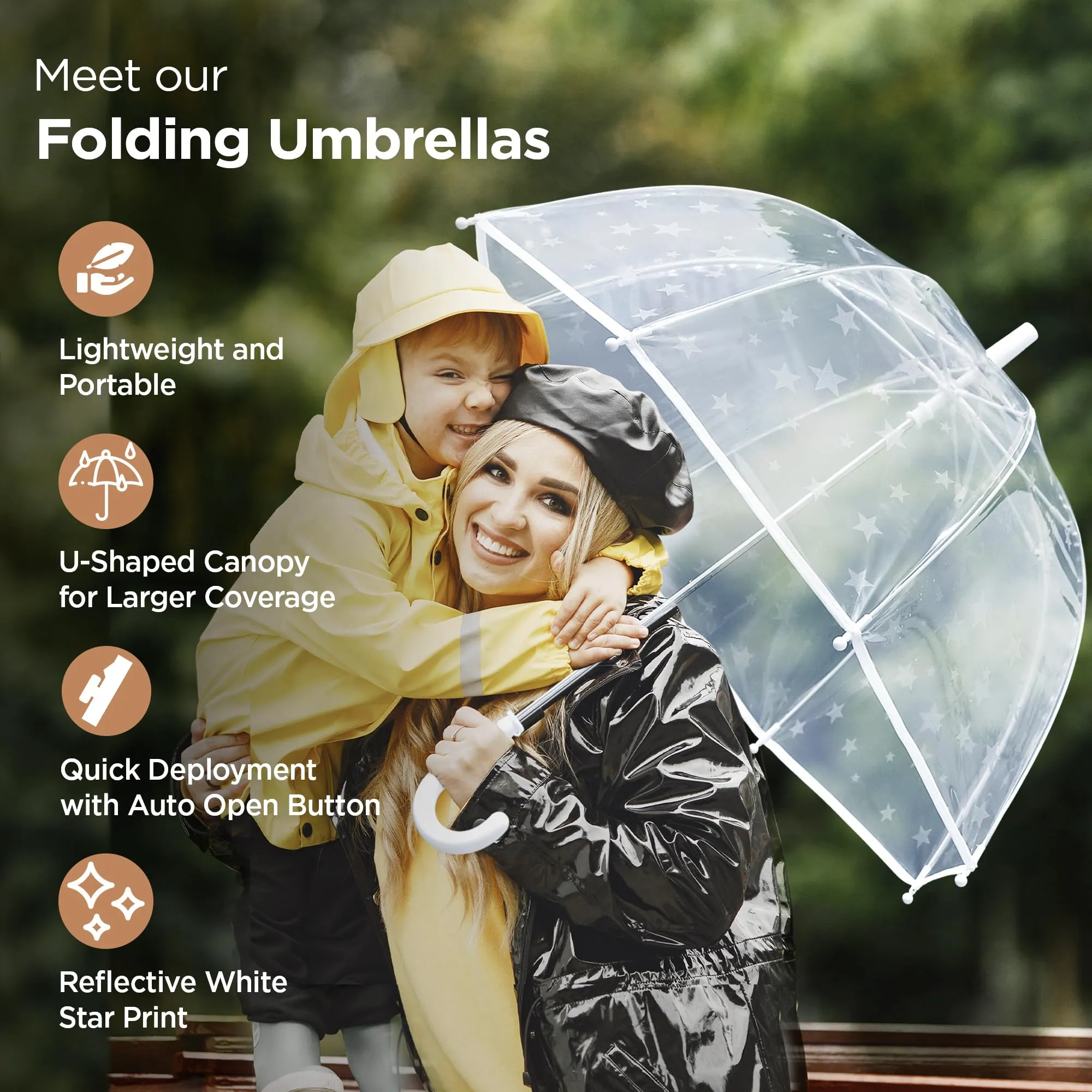 UMAI 67 cm Folding Umbrella Transparent | 8K Fiberglass Ribs | Auto Open & Non-slip Handle | Travel Friendly Windproof | Umbrella for Women, Men & Kids| Reflective Star Printing | White