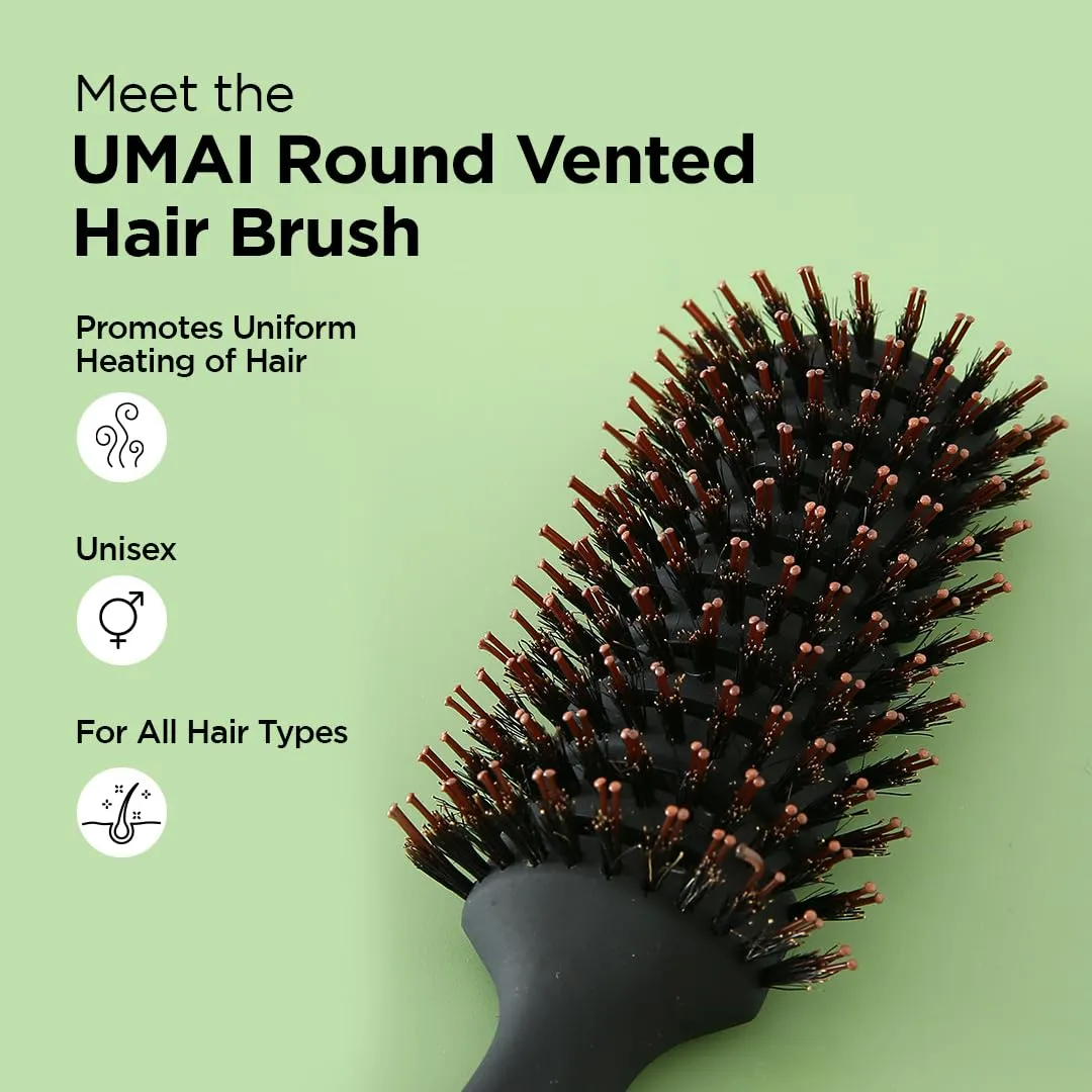 UMAI Round Vented Hair Brush for Men and Women Quick Drying Pain Free Detangling - Black Hair Comb | Detangle Brush for Salon Professional & Home Use | Round Hairbrush 2 Pack