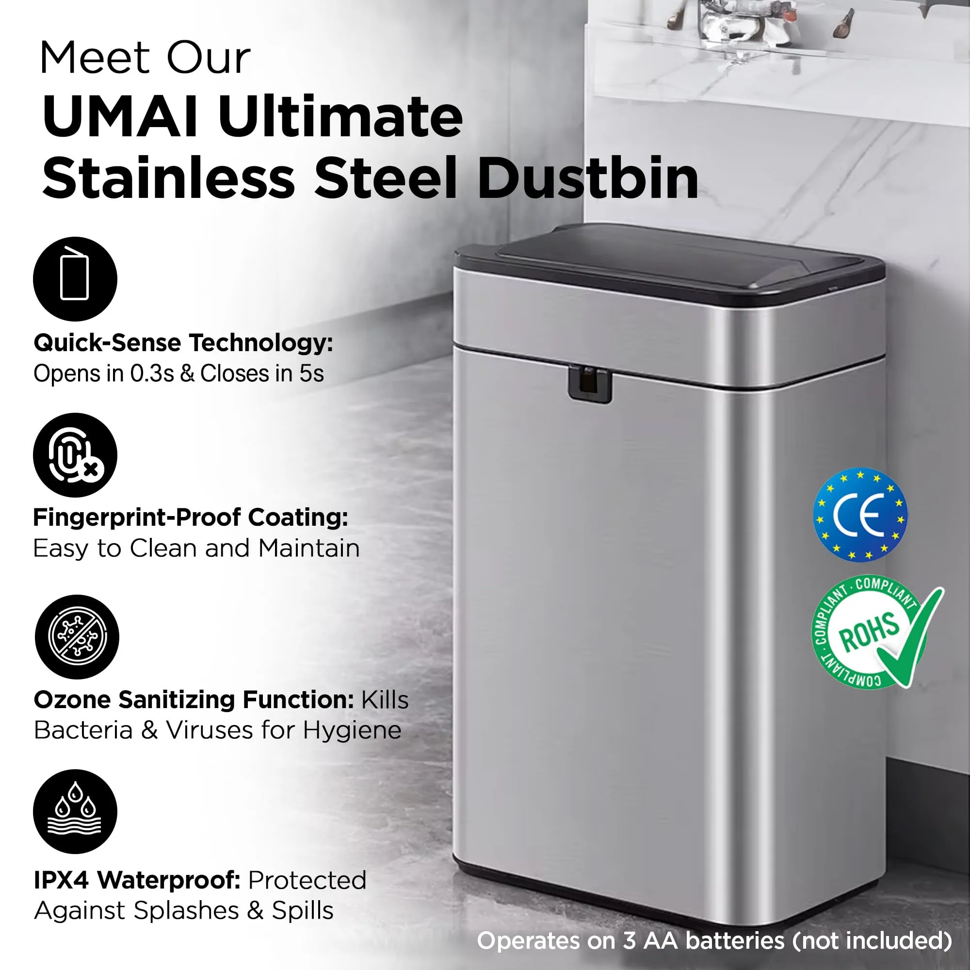 UMAI Stainless Steel Dustbin With Lid | 40L | Dustbin For Kitchen | Automatic Motion Sensor Dustbin | Waterproof | Dustbin For Bathroom | Dustbin For Bedroom | Dustbin For Home & Office | Silver