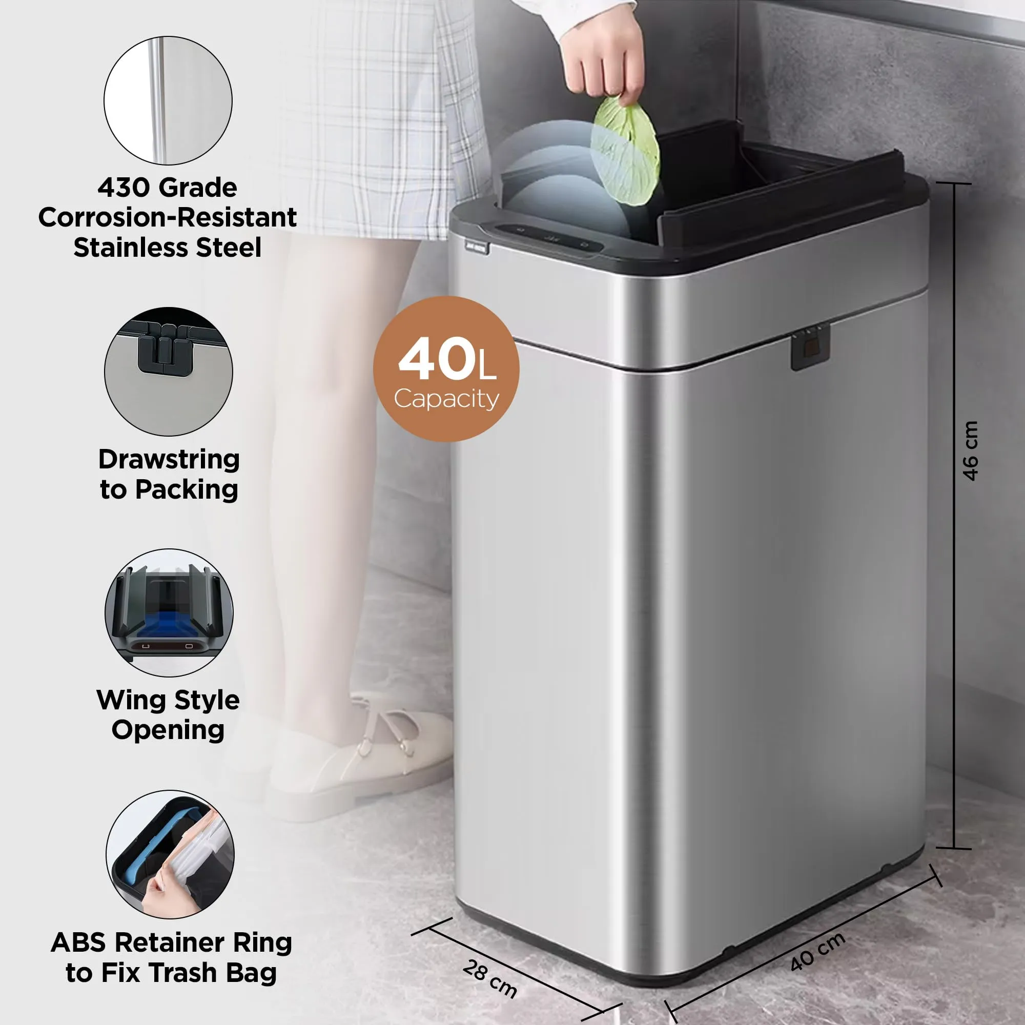 UMAI Stainless Steel Dustbin With Lid | 40L | Dustbin For Kitchen | Automatic Motion Sensor Dustbin | Waterproof | Dustbin For Bathroom | Dustbin For Bedroom | Dustbin For Home & Office | Silver