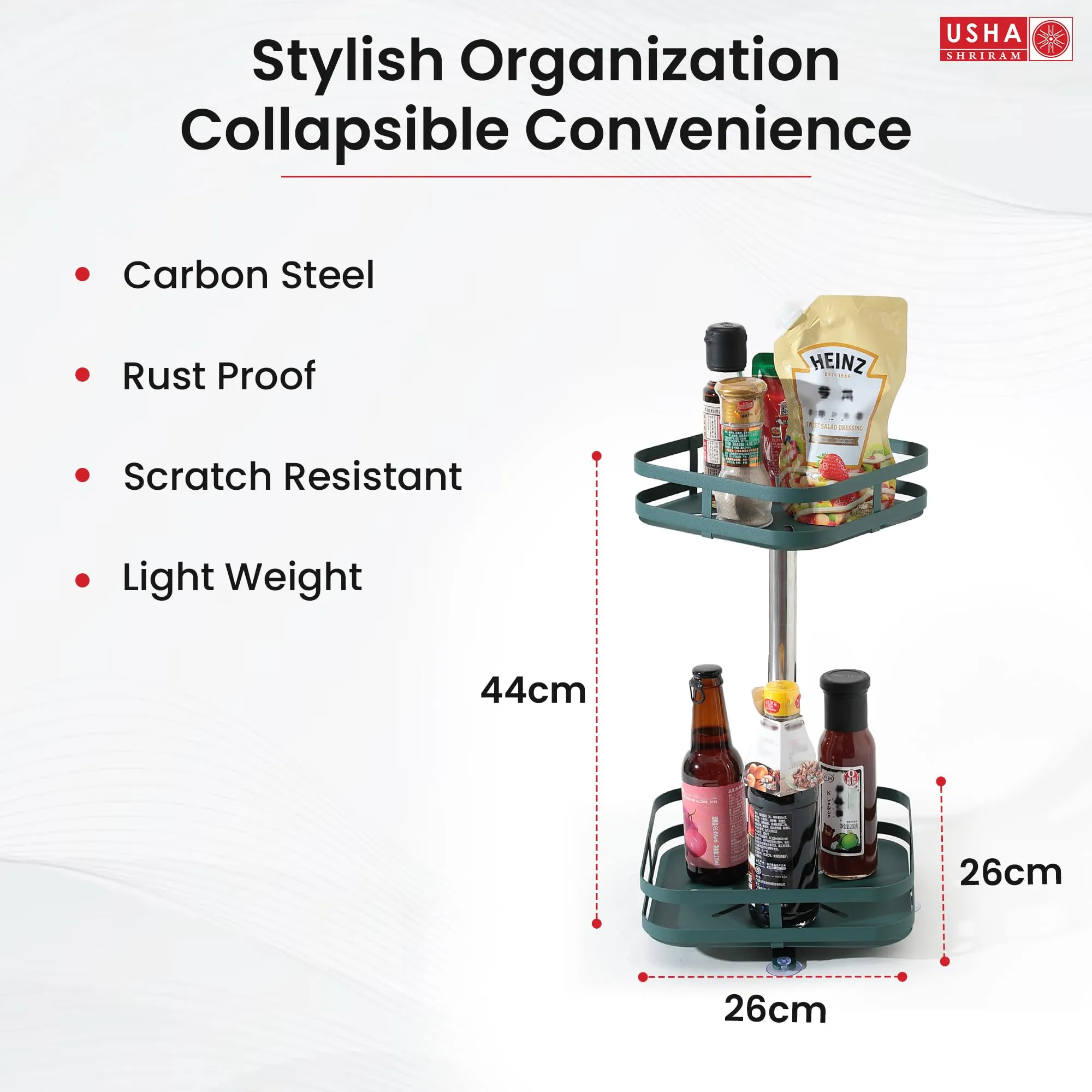 USHA Shriram Carbon Steel Oil Bottle Holder for Kitchen |360 Rotation | Wine Whiskey Bottle Holder | Kitchen Organiser Space Saver | Storage Rack for Kitchen Organiser (Pack of 1, Square - 2 Layer)