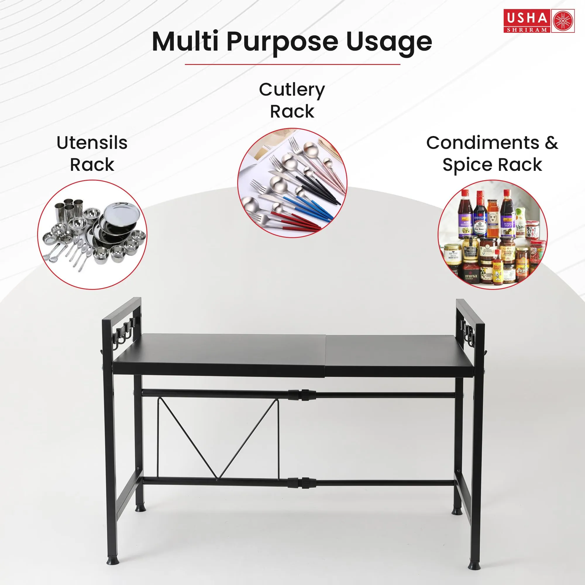 USHA SHRIRAM Microwave Oven Rack For Kitchen (3Pcs) | Step Organiser For Kitchen Cabinet | Kitchen Organiser Box | Storage Organiser For Kitchen Shelf Space Saver | Hooks For Spoon Holder | Black