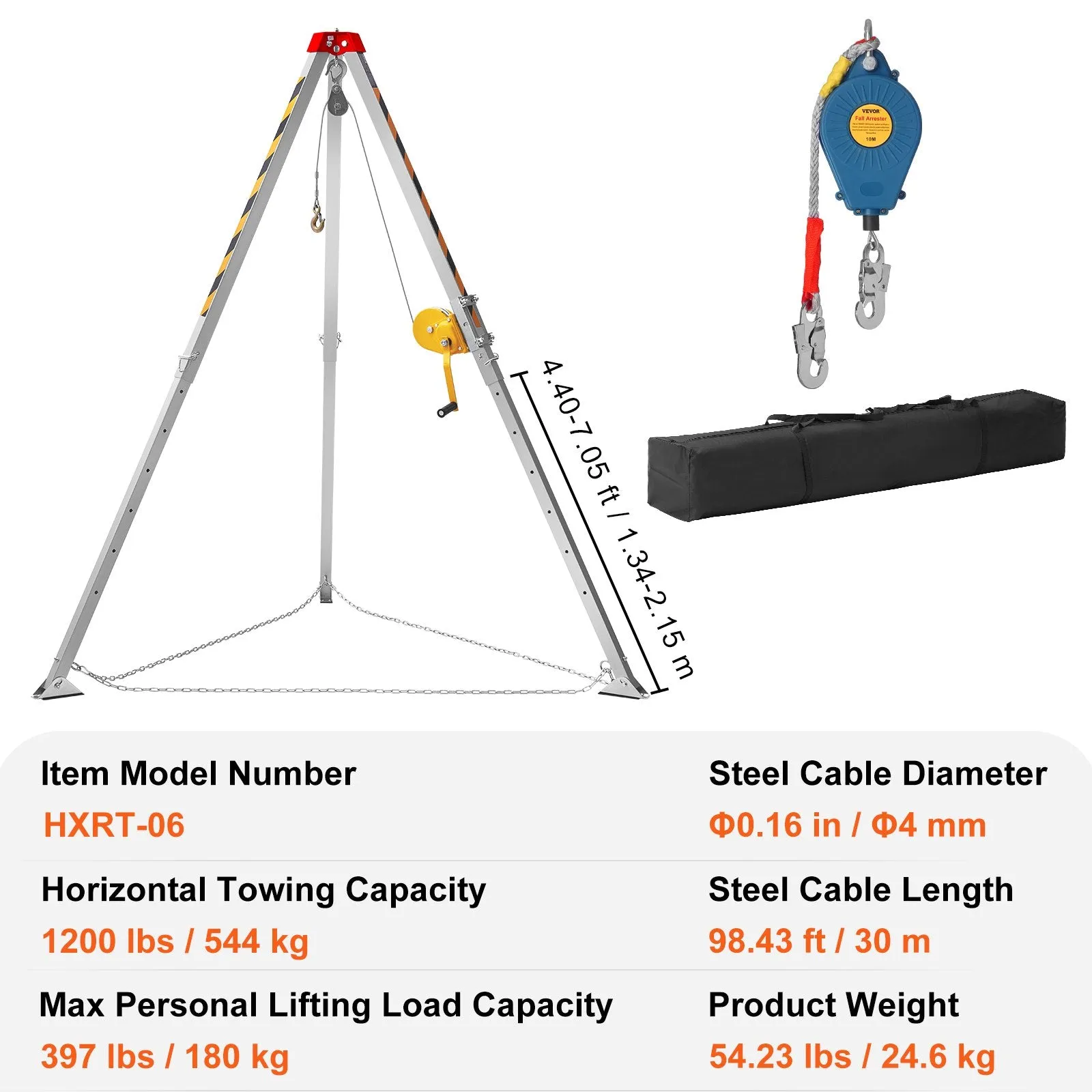 Vevor Confined Space Tripod Kit 1200 Lbs. Winch 7' Legs 98' Cable 32.8' Fall Arrester New