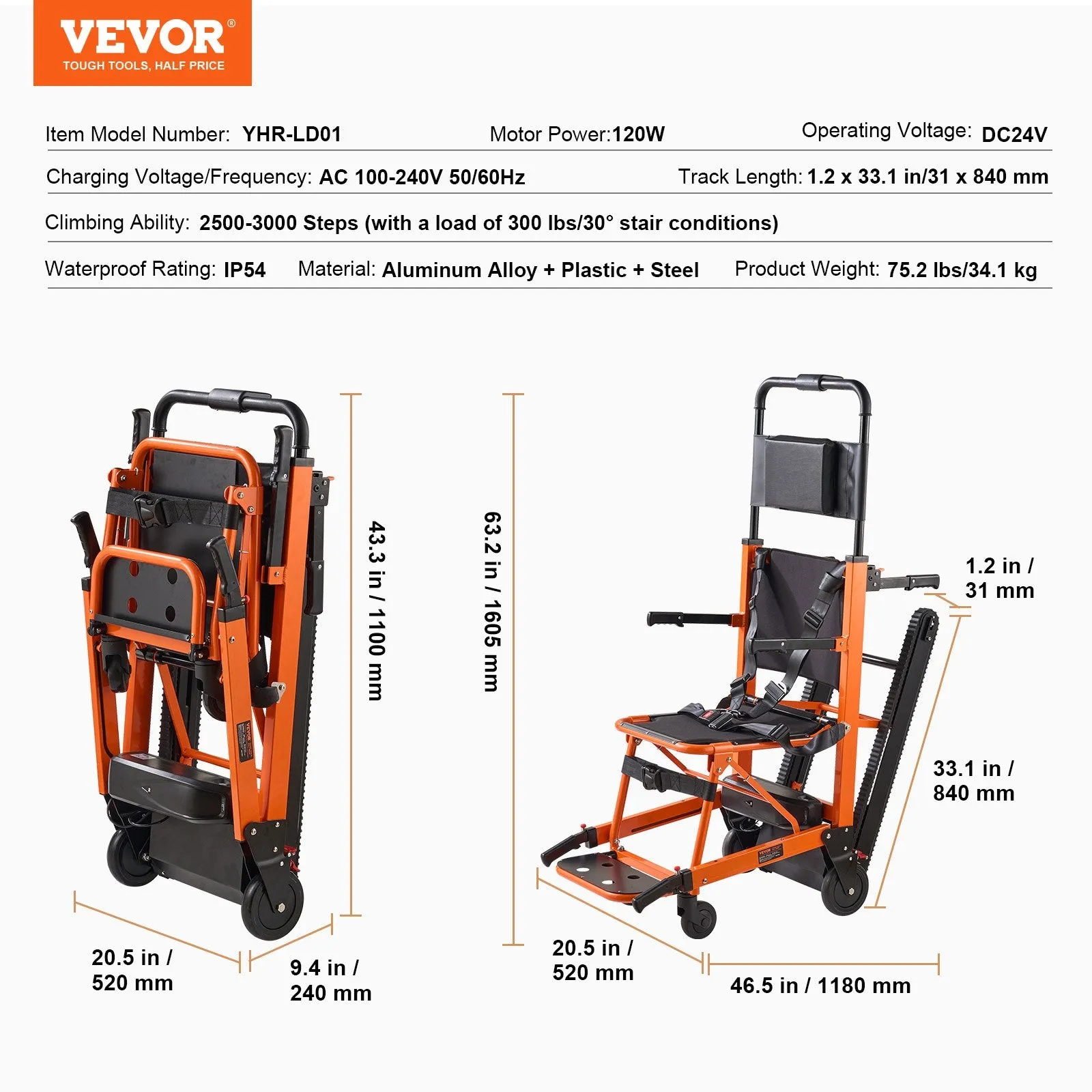 Vevor Electric Stair Chair 450 lbs. Load Capacity Foldable Emergency Evacuation Use Battery Operated New