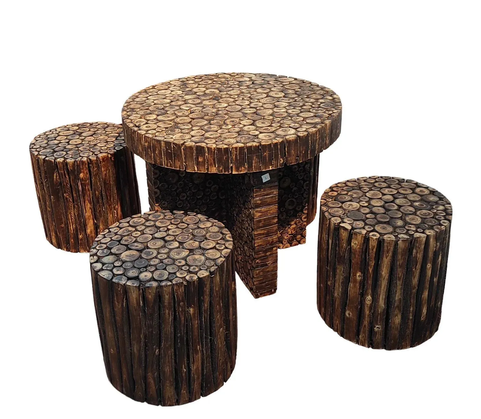 Wooden Twist Alba Antique Poplar Wood Round Coffee Table Set with 4 Stools Rustic Handcrafted Vintage Style Living for Room