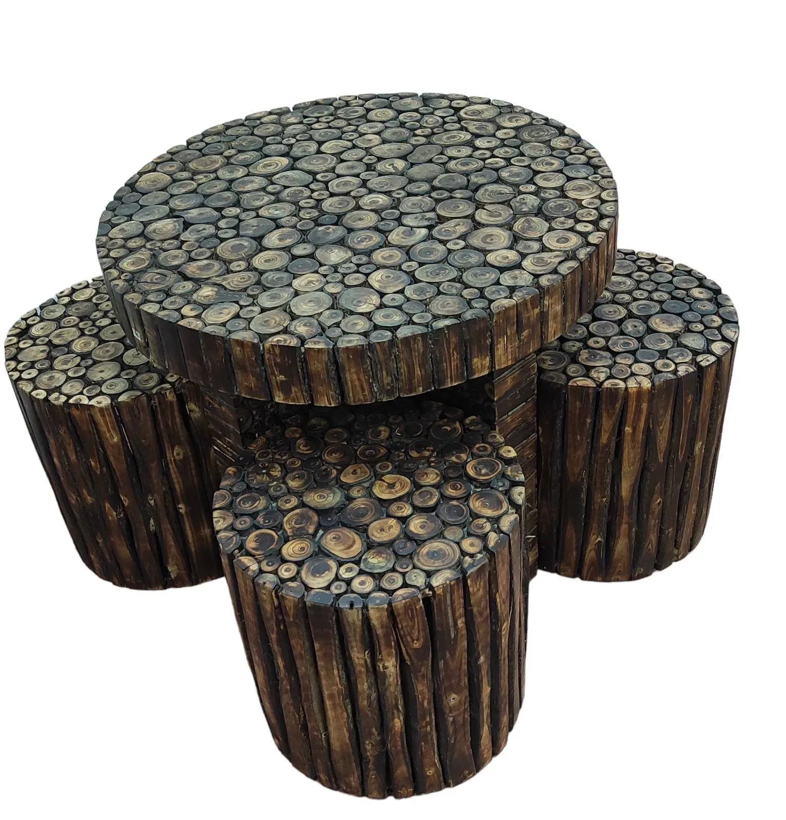 Wooden Twist Alba Antique Poplar Wood Round Coffee Table Set with 4 Stools Rustic Handcrafted Vintage Style Living for Room