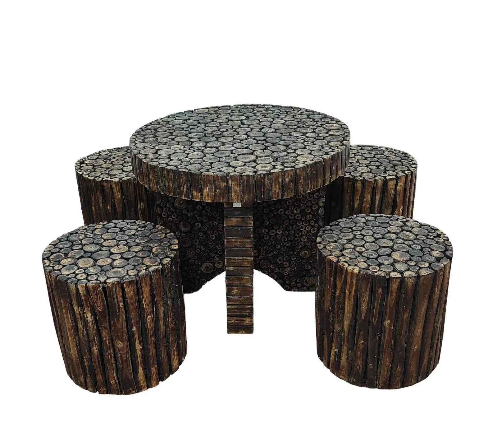 Wooden Twist Alba Antique Poplar Wood Round Coffee Table Set with 4 Stools Rustic Handcrafted Vintage Style Living for Room