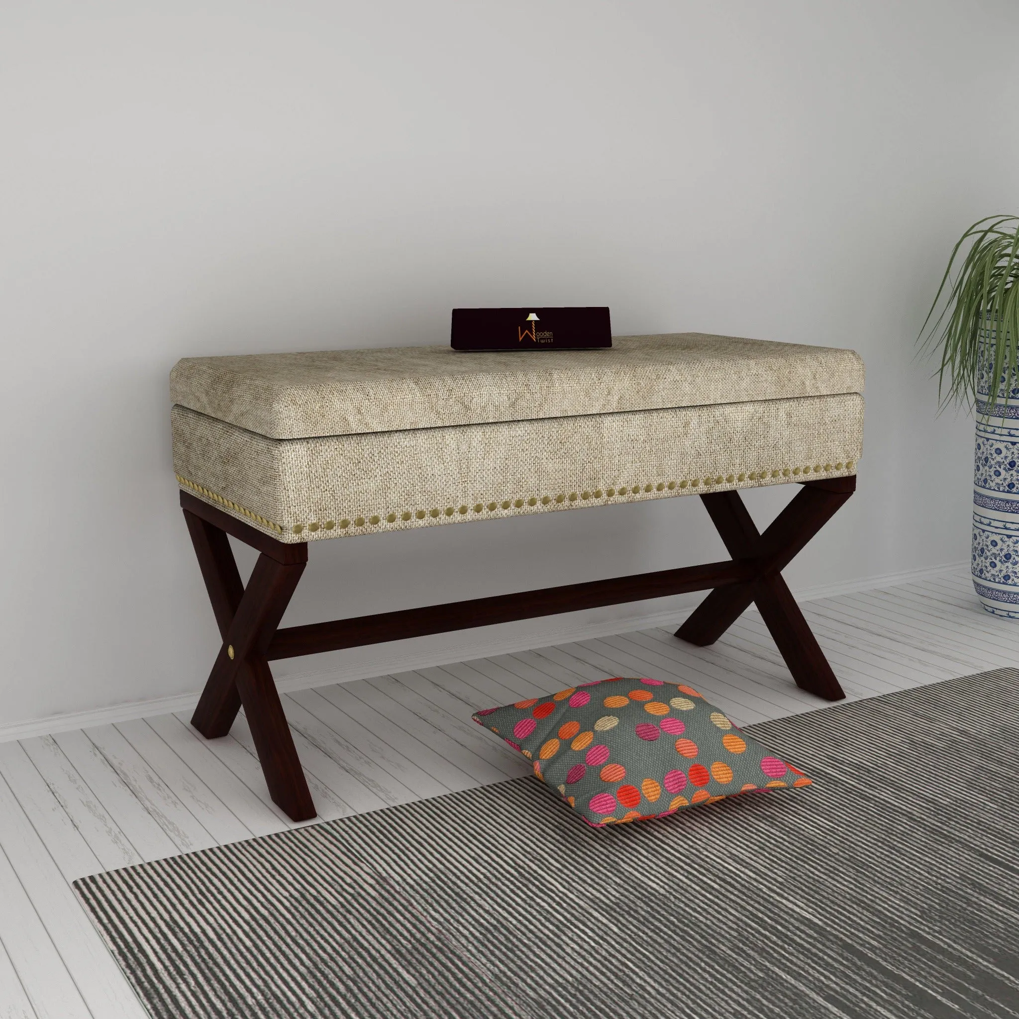 Wooden Twist Magazine Rectangular Shape Solid Wood Bench with Storage in Ottoman Style for Entryway or Living Room