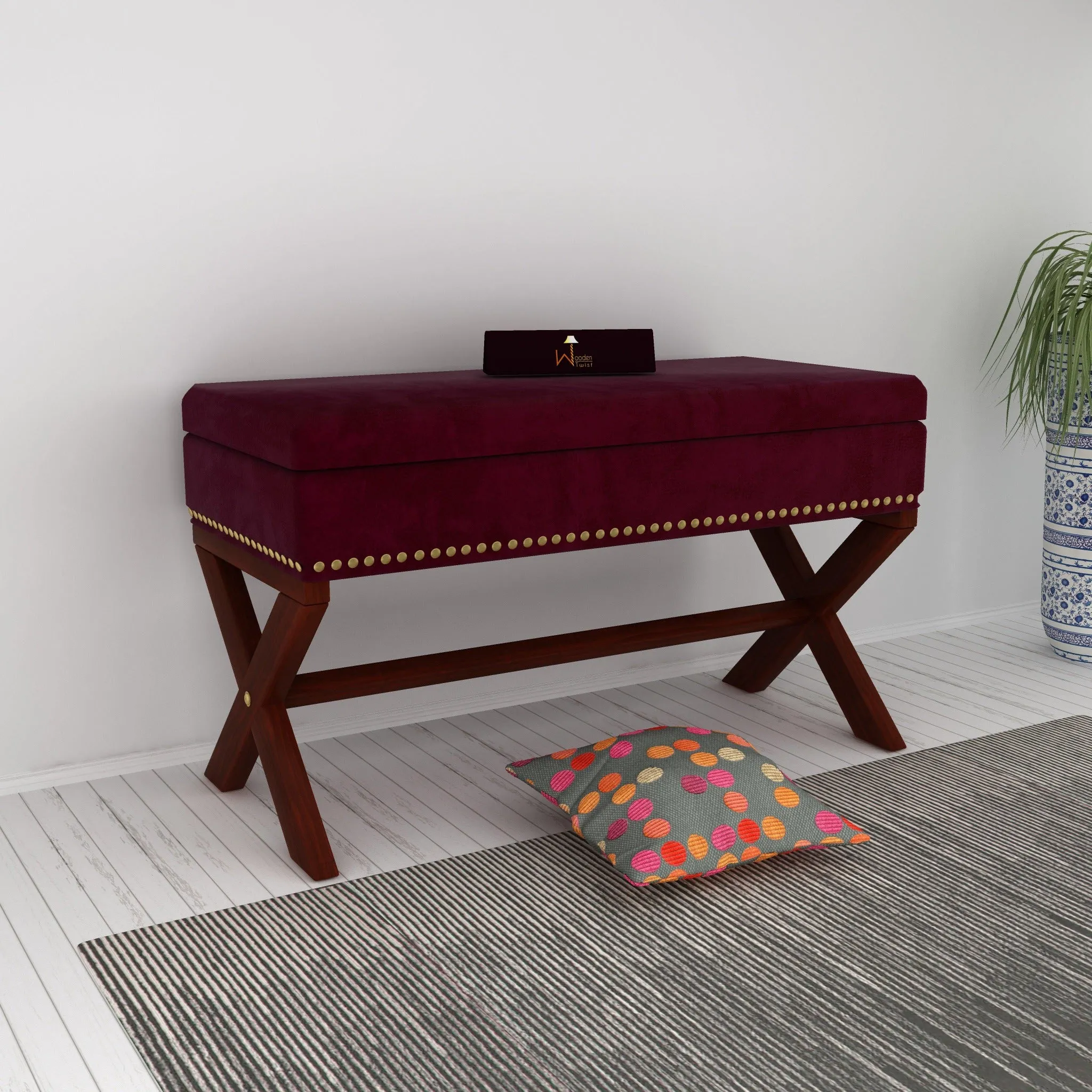 Wooden Twist Magazine Rectangular Shape Solid Wood Bench with Storage in Ottoman Style for Entryway or Living Room