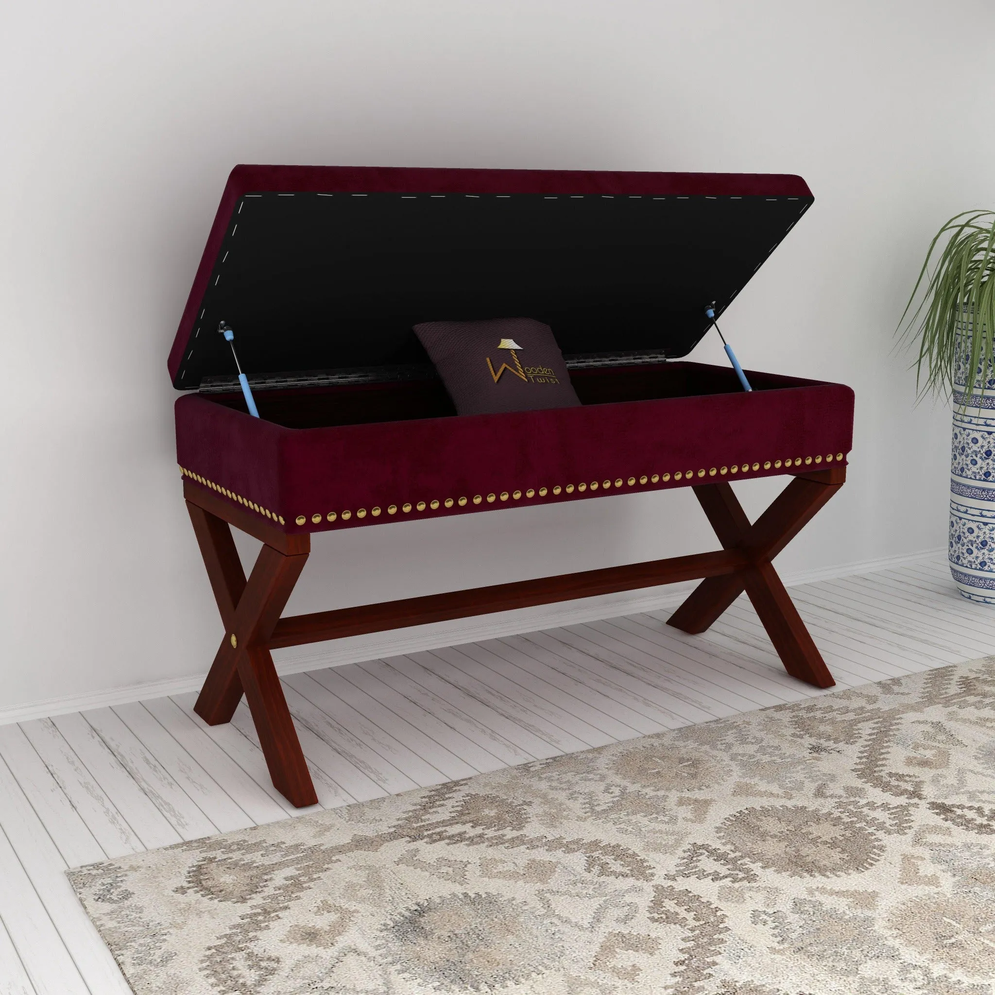 Wooden Twist Magazine Rectangular Shape Solid Wood Bench with Storage in Ottoman Style for Entryway or Living Room