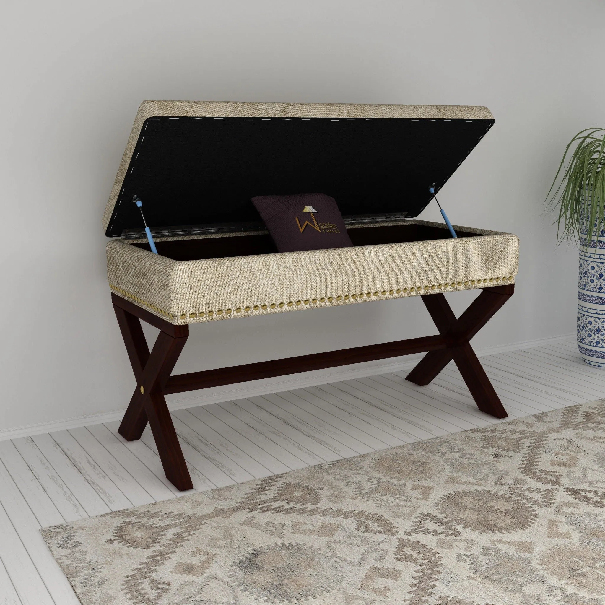 Wooden Twist Magazine Rectangular Shape Solid Wood Bench with Storage in Ottoman Style for Entryway or Living Room