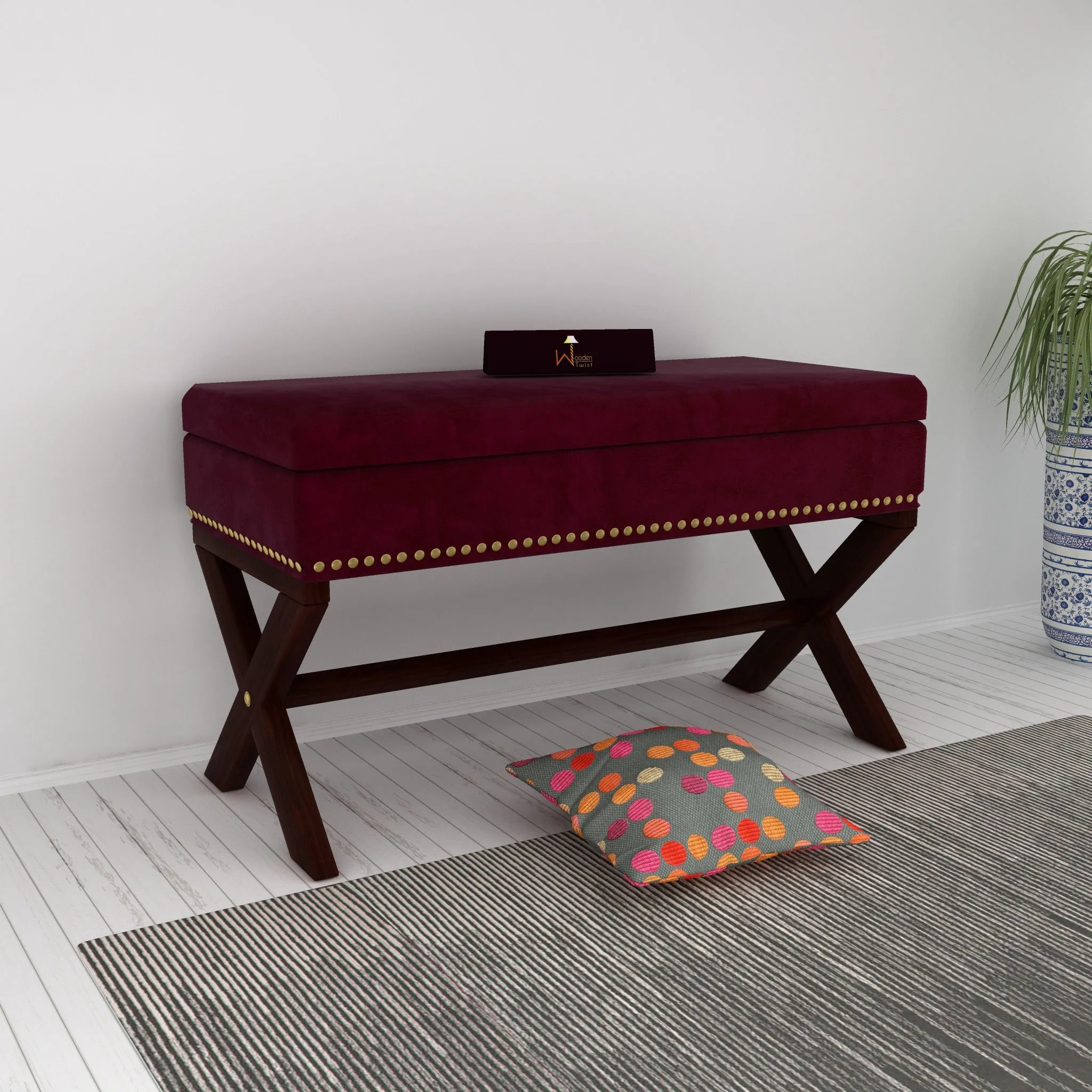 Wooden Twist Magazine Rectangular Shape Solid Wood Bench with Storage in Ottoman Style for Entryway or Living Room